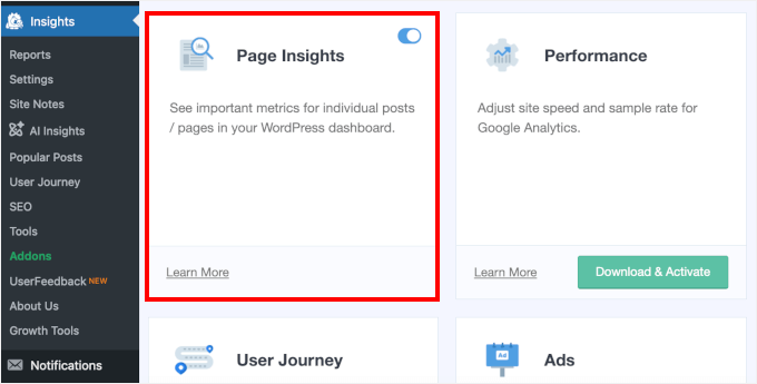 Activating the Page Insights addon