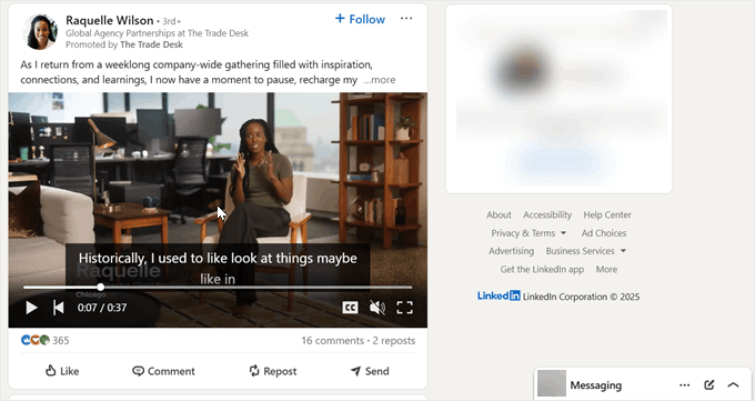 Example of LinkedIn video post