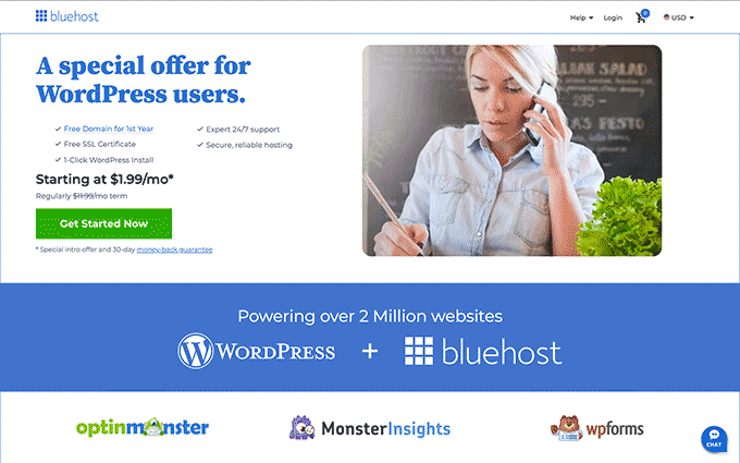 The BlueHost web hosting website