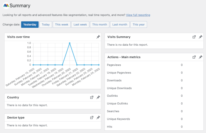 Matomo Analytics summary showing visits-related data