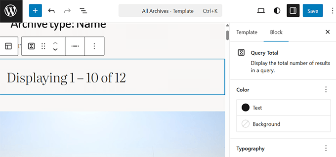 Query Total Block shows number of items returned for a query