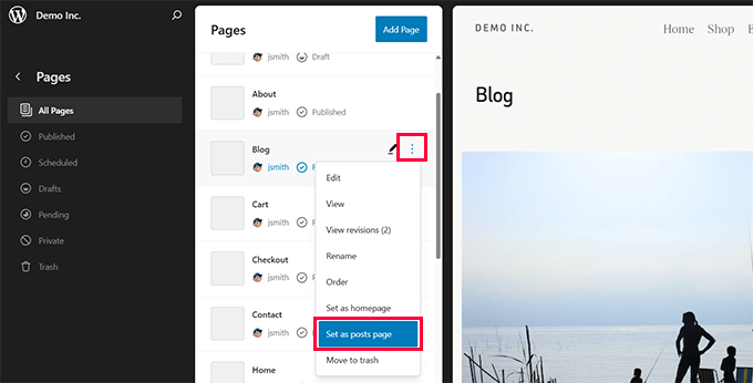 Easily set posts page in site editor