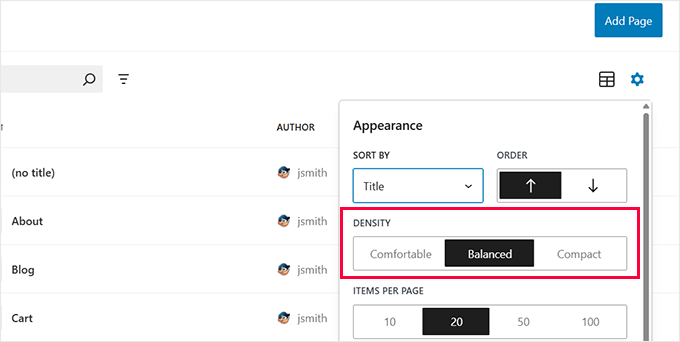 Set table view density