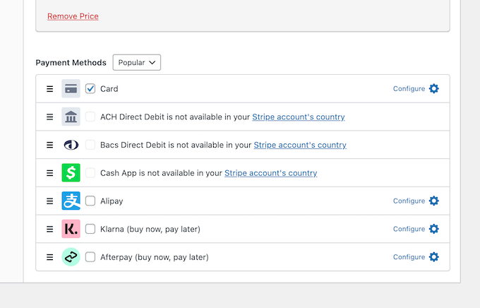 Payment methods in WP Simple Pay