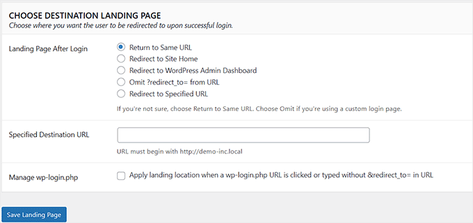 Choose the landing page where logged in users will be redirected Choose the landing page where logged in users will be redirected