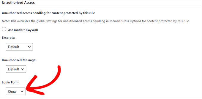 Choose the Show option for the login form Choose the Show option for the login form