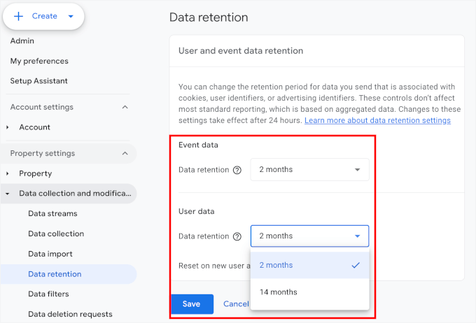 Setting up retention period in GA4 Setting up retention period in GA4