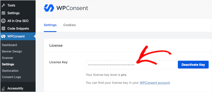 Activating WPConsent license key Activating WPConsent license key