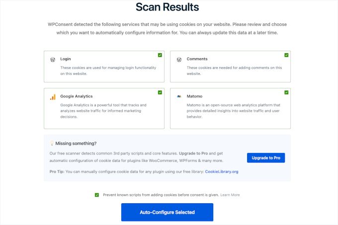 WPConsent scan results WPConsent scan results