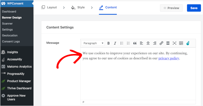 Editing WPConsent message to include a link to the Privacy Policy page Editing WPConsent message to include a link to the Privacy Policy page
