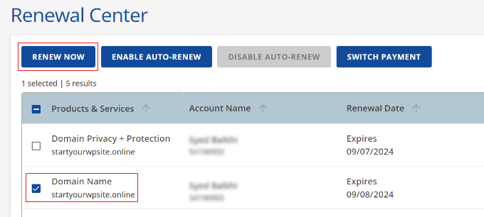 Select domain to renew in Bluehost Select domain to renew in Bluehost
