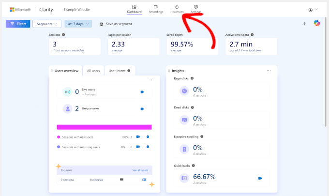 Switching to Clarity's Heatmaps tab Switching to Clarity's Heatmaps tab
