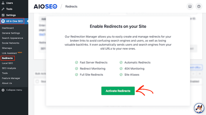 Activating the AIOSEO redirect feature Activating the AIOSEO redirect feature