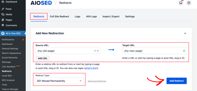 Enter Source URL and Target URL Enter Source URL and Target URL