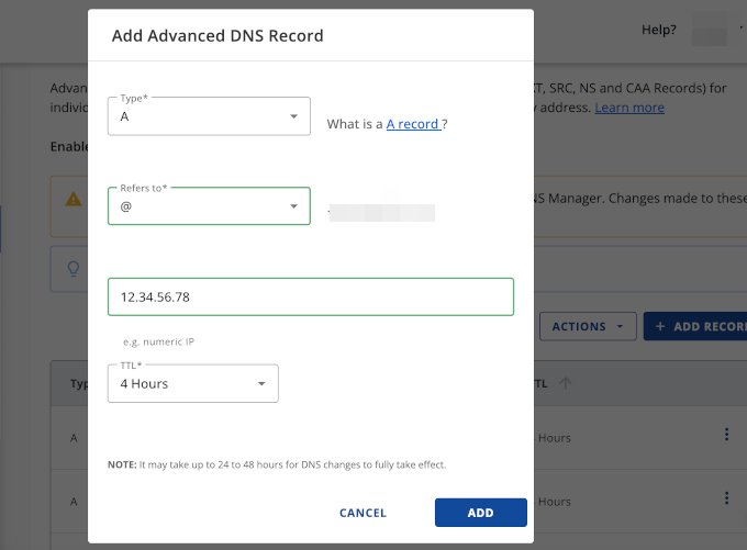 Adding an A record
