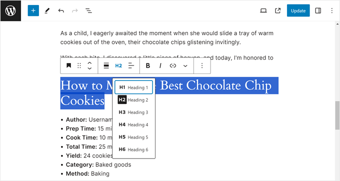Adding heading tags to a recipe title Adding heading tags to a recipe title