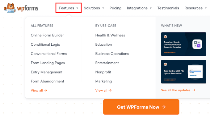 Dropdown menu in WPForms' navigation Dropdown menu in WPForms' navigation