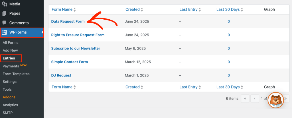 Viewing data requests in the WordPress dashboard Viewing data requests in the WordPress dashboard