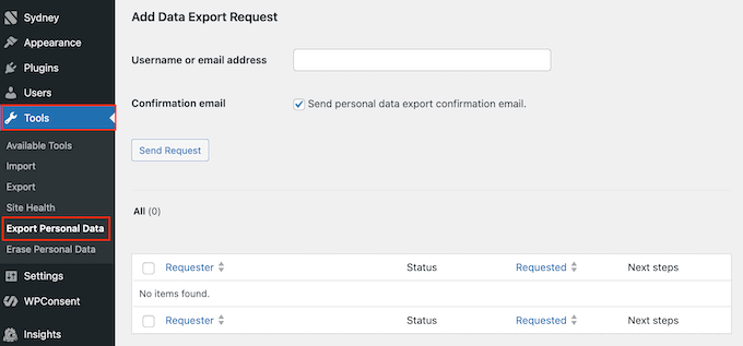 Exporting the user's personal data from your WordPress dashboard Exporting the user's personal data from your WordPress dashboard