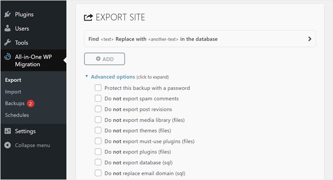 All-in-One WP Migration's plugin settings page All-in-One WP Migration's plugin settings page