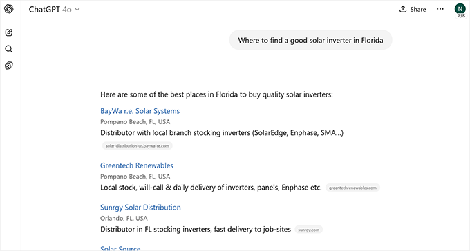 ChatGPT showing search results for a transactional search phrase