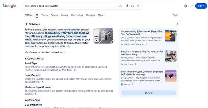 AI overview in search results