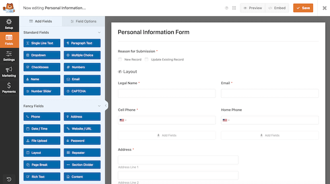 Adding fields to a compliance form using the WPForms drag-and-drop editor Adding fields to a compliance form using the WPForms drag-and-drop editor