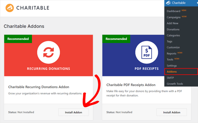 Install and activate Charitable recurring donations addon Install and activate Charitable recurring donations addon