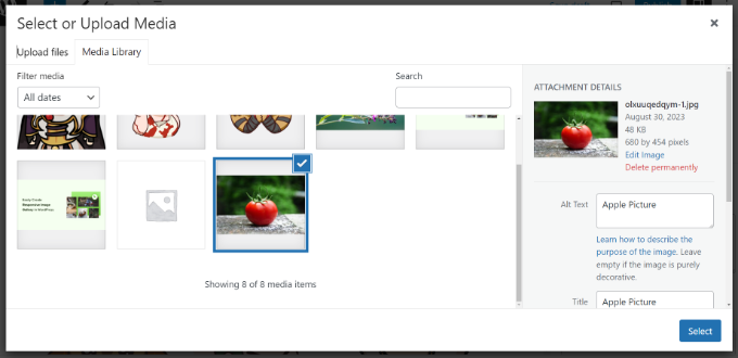 Select an image from media library Select an image from media library
