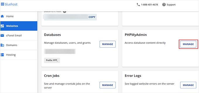 Click the Manage button next to the PHPMyAdmin section Click the Manage button next to the PHPMyAdmin section