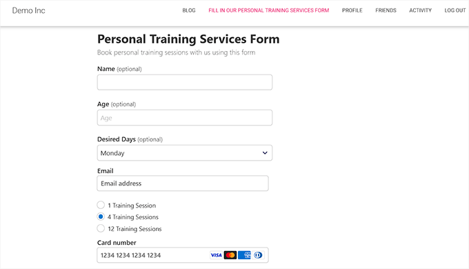 Preview of the personal training services form created with WP Simple Pay Preview of the personal training services form created with WP Simple Pay