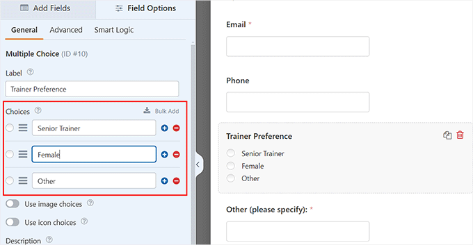 Configure the trainer preference field Configure the trainer preference field