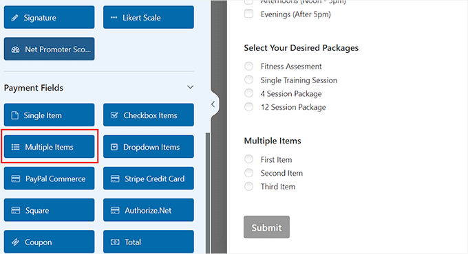 Add the multiple Items payment field Add the multiple Items payment field