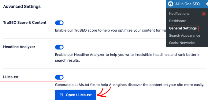 AIOSEO's LMMs.txt Settings AIOSEO's LMMs.txt Settings