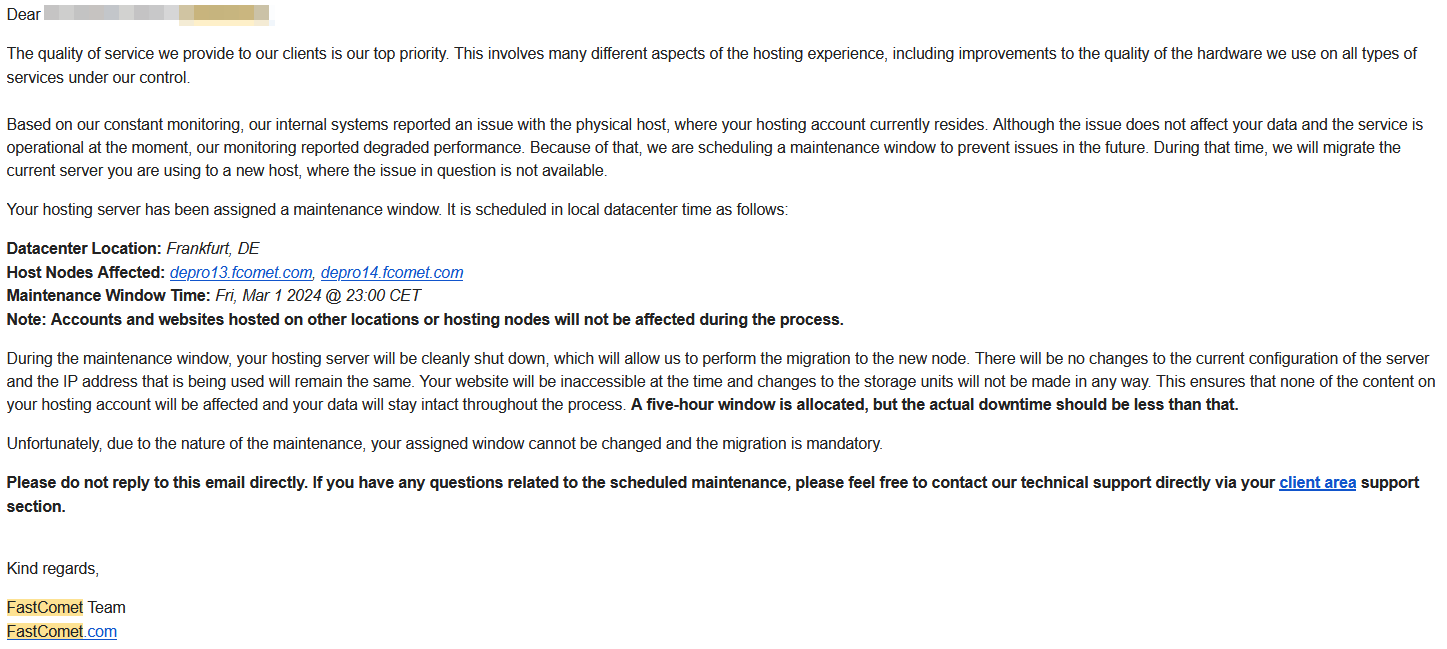 FastComet Scheduled Downtime is Beneficial Email Example