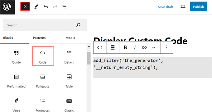 Add the code block in WordPress Add the code block in WordPress