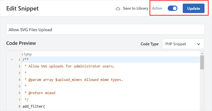 Activate and update the code snippet Activate and update the code snippet