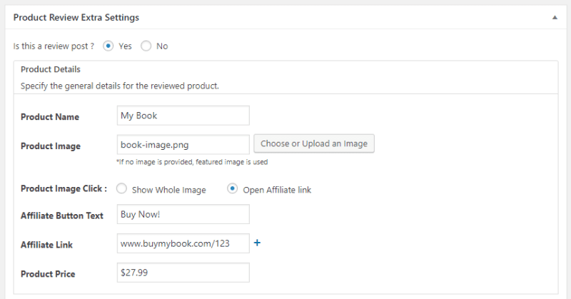 WP Product Review Lite Example. WP Dashboard > Posts > Edit a post > Product Review Extra Settings section/tab” width=”800″ height=”419″></p>
<p><noscript><img loading=