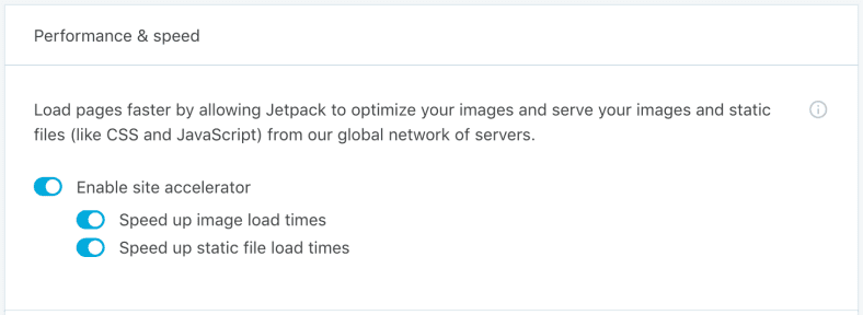 Jetpack Site Accelerator. WP Dashboard  Jetpack  Settings
