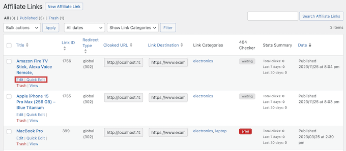 Adding affiliate URLs to the ThirstyAffiliates dashboard Managing affiliate links with ThirstyAffiliates