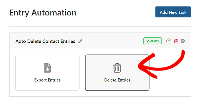 Choose Delete Entries as task type in WPForms