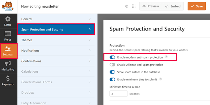 Enable modern anti-spam protection in WPForms Enable modern anti-spam protection in WPForms