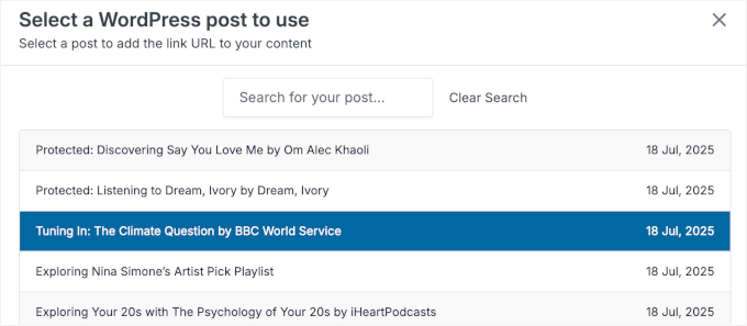 Selecting a WordPress post Selecting a WordPress post