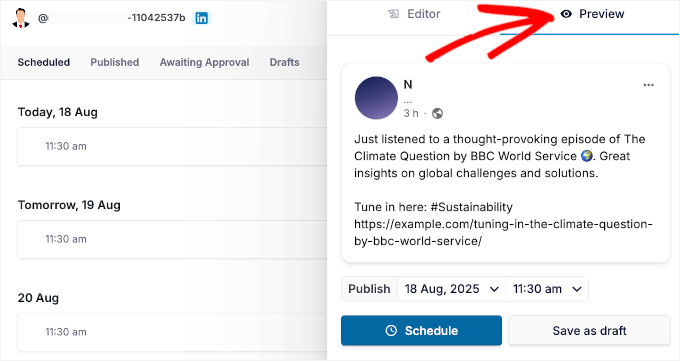 Previewing scheduled LinkedIn post Previewing scheduled LinkedIn post