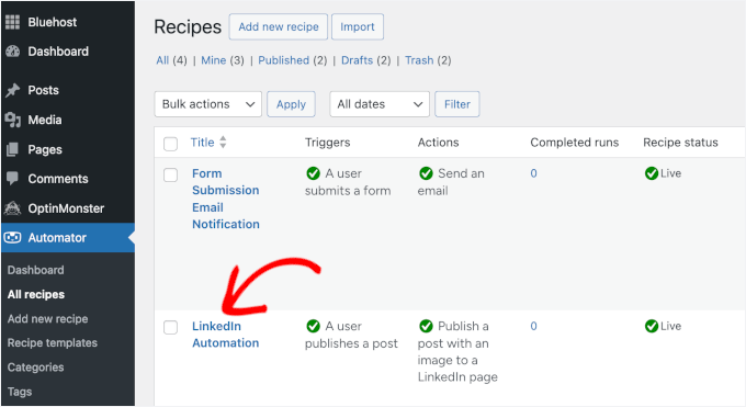 LinkedIn Automation in the list of all Uncanny Automator recipes LinkedIn Automation in the list of all Uncanny Automator recipes