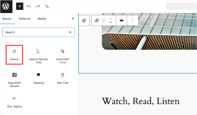 Adding the search block in FSE