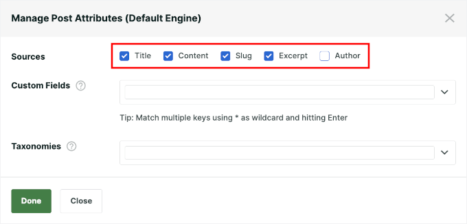 Managing post search attributes