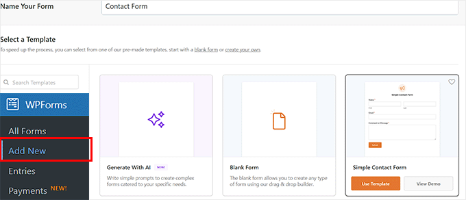 Choose a form template in WPForms
