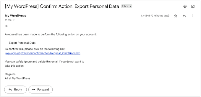 An example of a data export confirmation email An example of a data export confirmation email