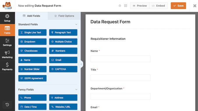 How to add fields to a data request form How to add fields to a data request form
